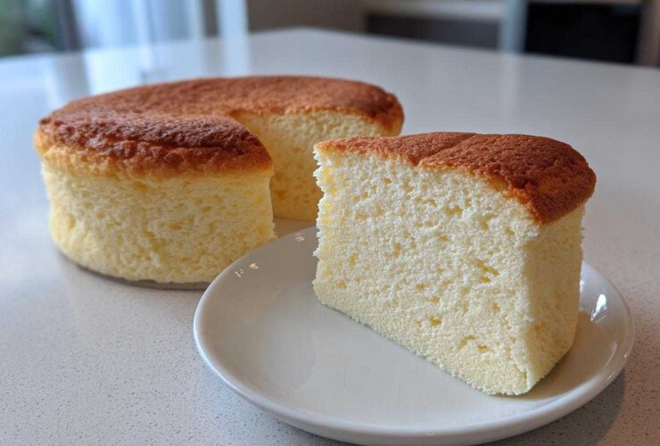 A slice of incredibly soft and fluffy Japanese cotton cheesecake resting on a white plate next to the remaining whole cake.