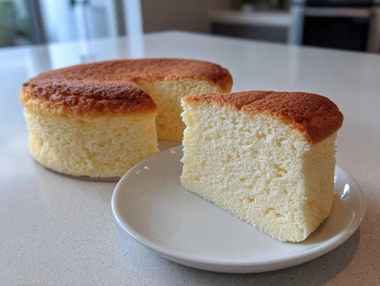 A slice of incredibly soft and fluffy Japanese cotton cheesecake resting on a white plate next to the remaining whole cake.