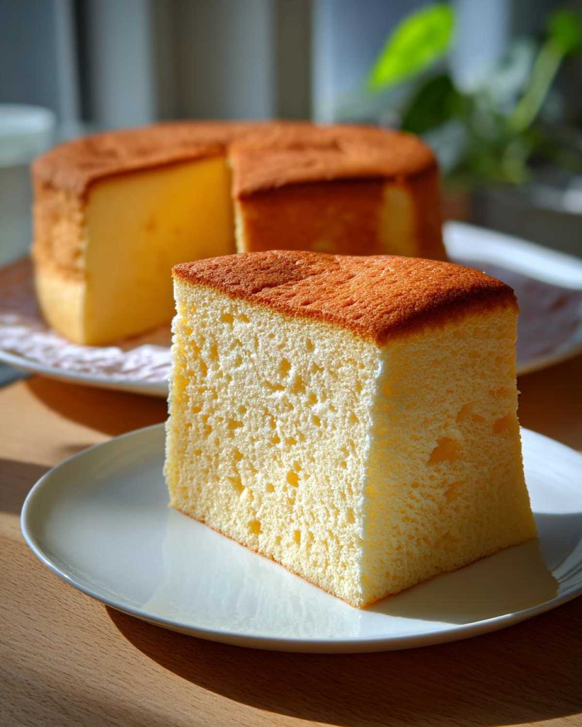A tall, thick slice of soft and fluffy Japanese cotton cheesecake resting on a white plate.
