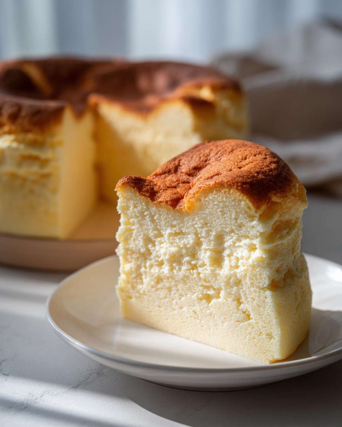 A tall, airy slice of soft and fluffy Japanese cotton cheesecake with a golden-brown top, served on a white plate.