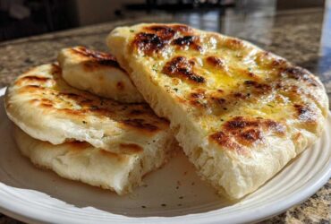 Close-up of soft, fluffy naan bread stacked on a white plate, brushed with melted butter and herbs.