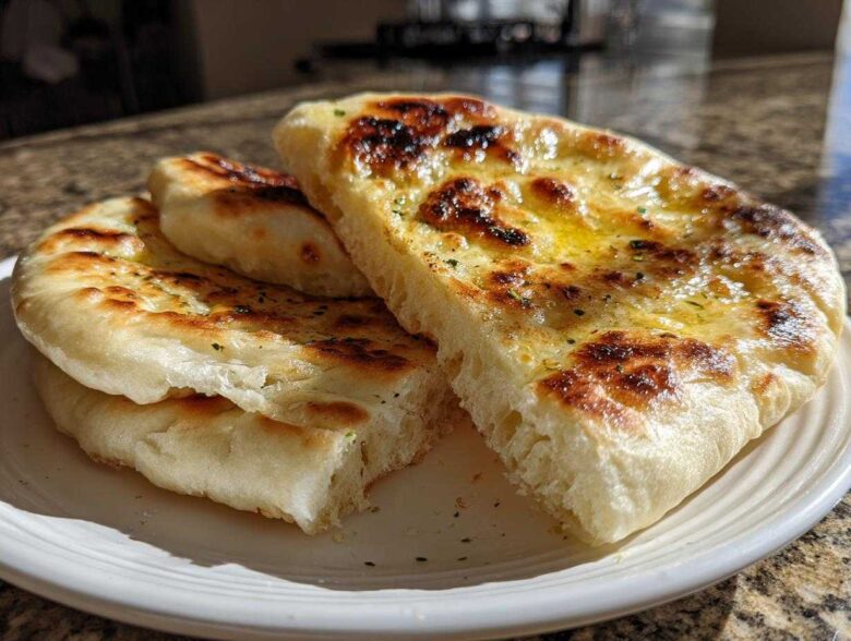 Close-up of soft, fluffy naan bread stacked on a white plate, brushed with melted butter and herbs.