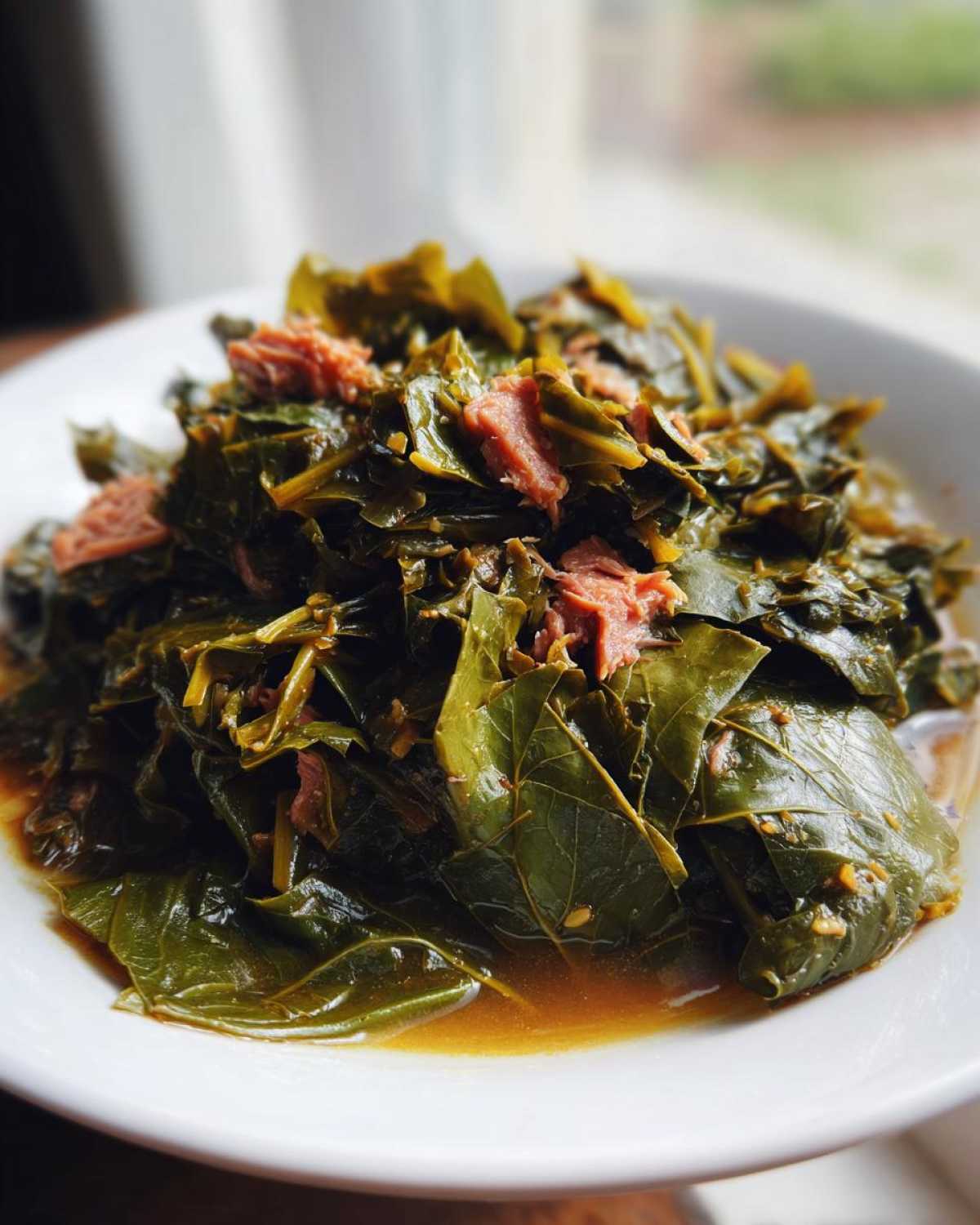 Close-up of a white bowl filled with rich, dark green collard greens simmered in broth and topped with pieces of smoked meat.