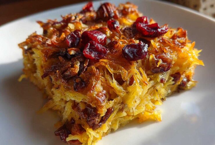 A square serving of baked spaghetti squash casserole topped with dried cranberries and pecans.