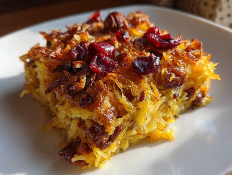 A square serving of baked spaghetti squash casserole topped with dried cranberries and pecans.