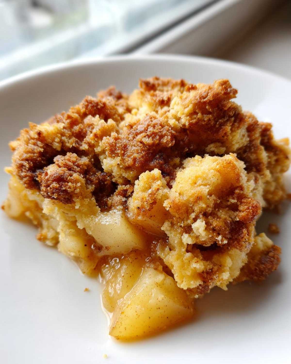 Close-up of a warm serving of Spiced Pear Crumble showing soft spiced pears and a golden brown, buttery topping.