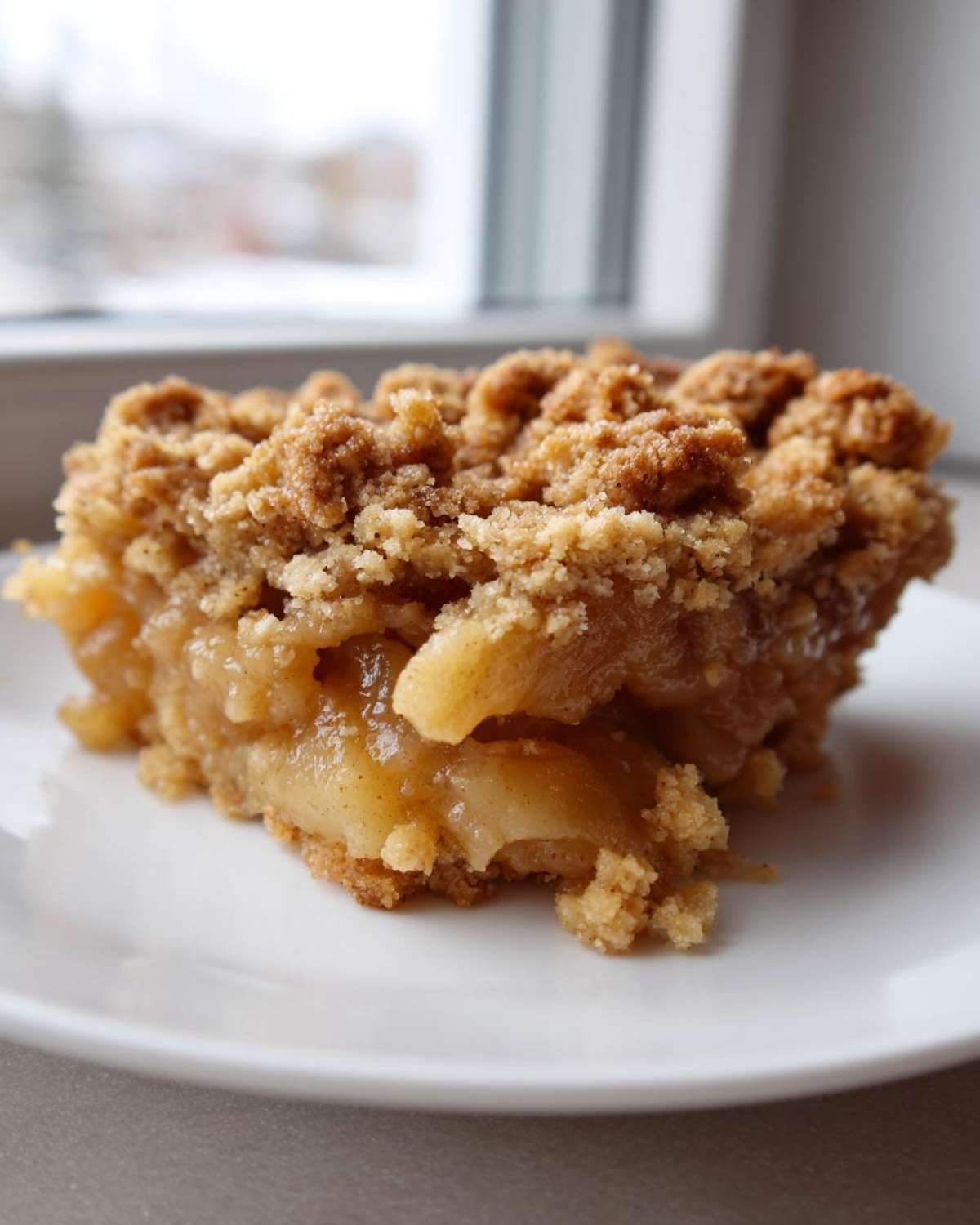Close-up of a rich slice of Spiced Pear Crumble showing soft fruit filling and crunchy brown topping.