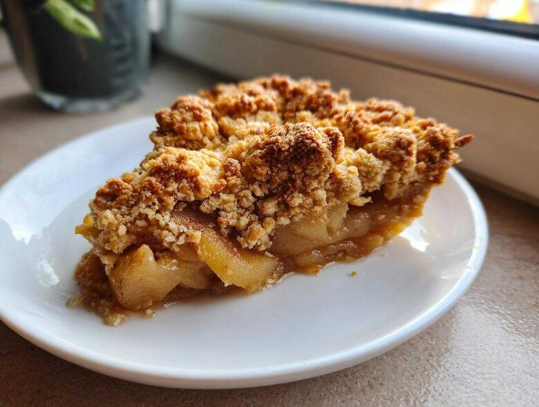 A close-up of a warm slice of Spiced Pear Crumble on a white plate, showing soft spiced pears and a thick, crunchy topping.