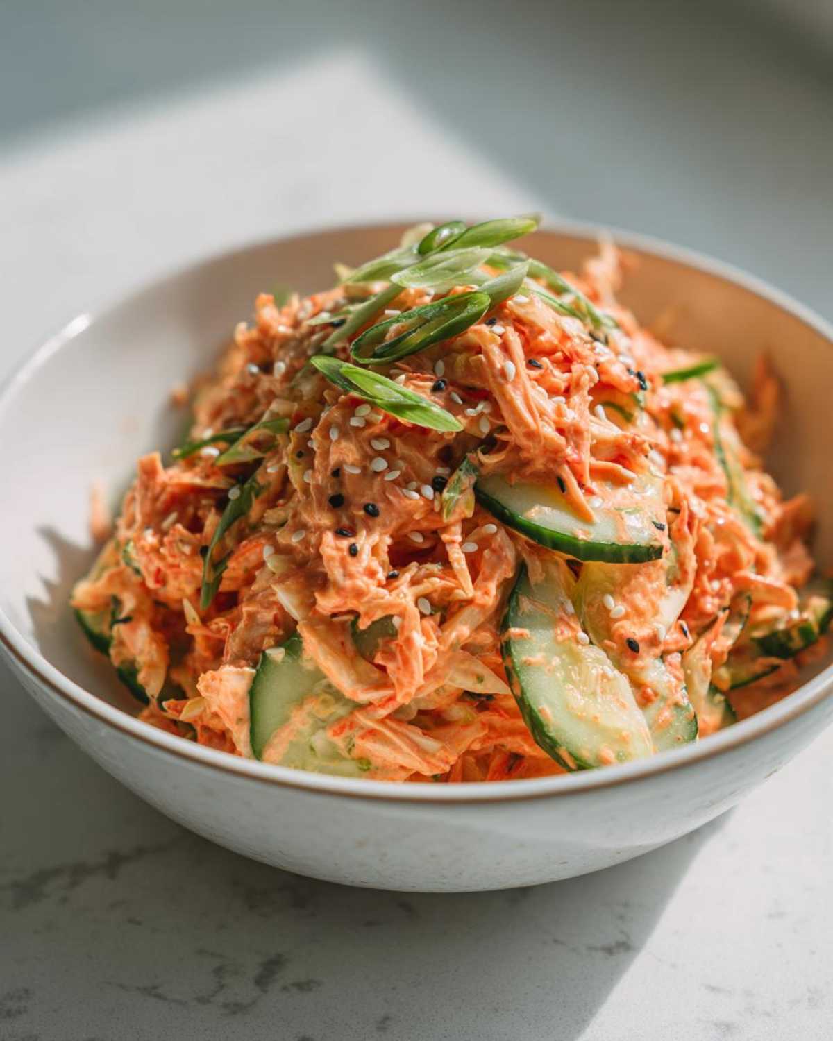 A bowl filled with spicy kani salad, featuring shredded crab mix, cucumber slices, and topped with green onions and sesame seeds.