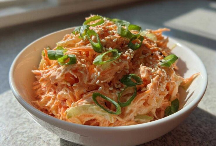 Close-up of a vibrant spicy kani salad served in a white bowl, topped with green onions and sesame seeds.