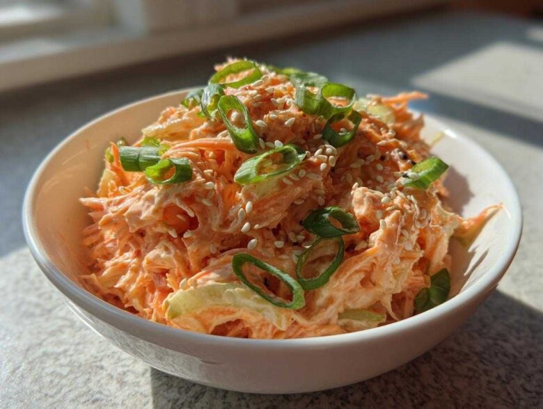 Close-up of a vibrant spicy kani salad served in a white bowl, topped with green onions and sesame seeds.