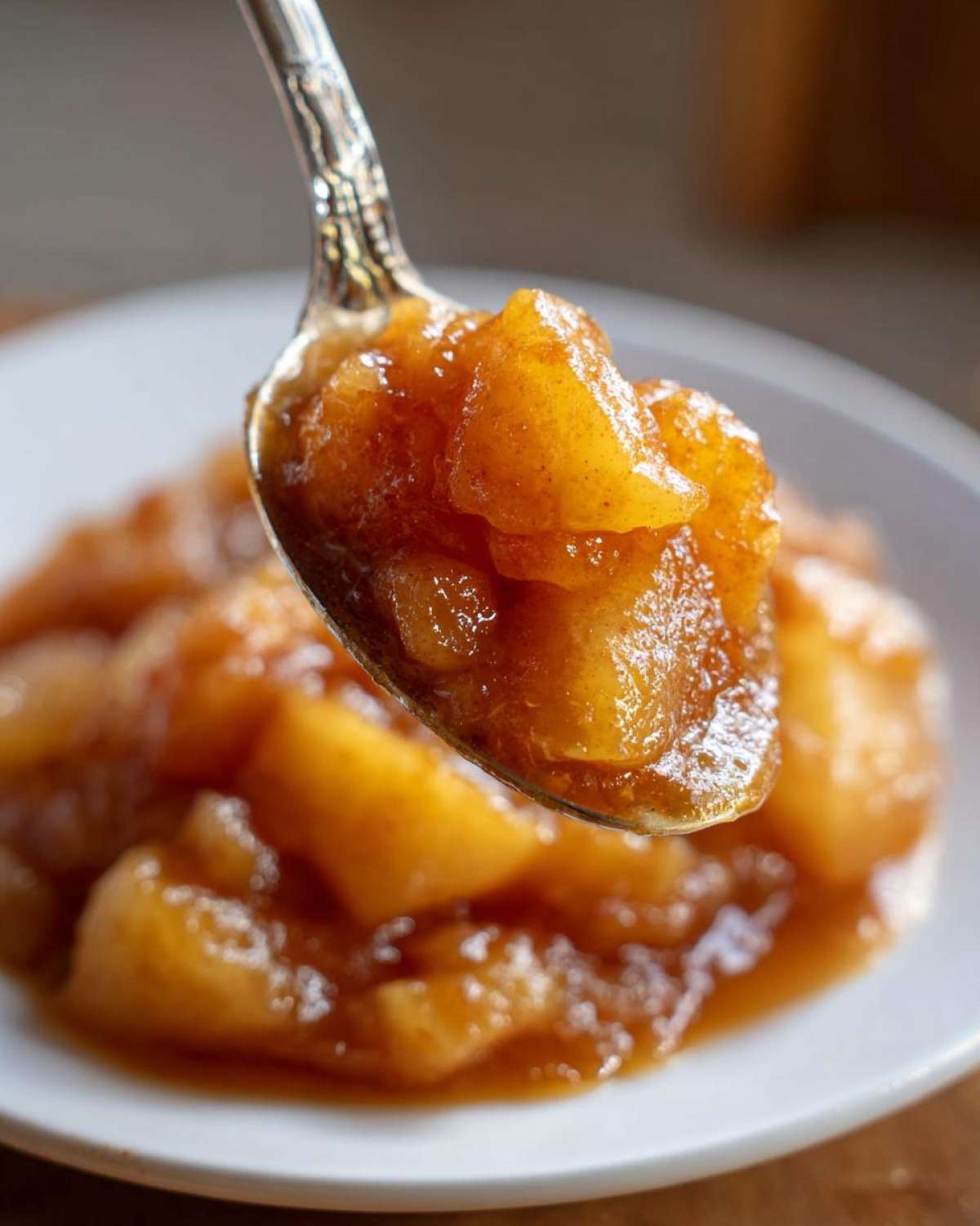 A spoonful of thick, spiced apple pie filling being lifted above a white plate.