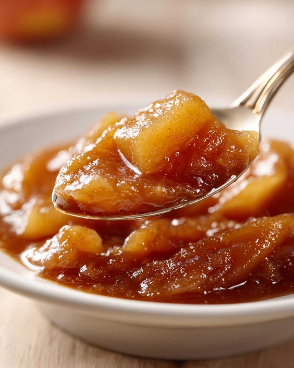 A spoonful of rich, brown apple pie filling being lifted from a white bowl.