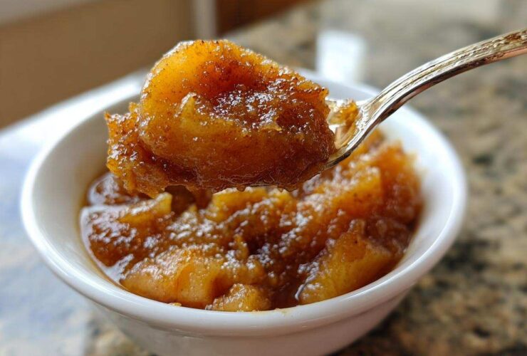 A spoonful of rich, spiced apple pie filling being lifted from a small white bowl.