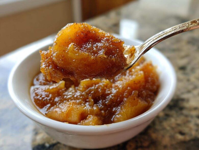 A spoonful of rich, spiced apple pie filling being lifted from a small white bowl.