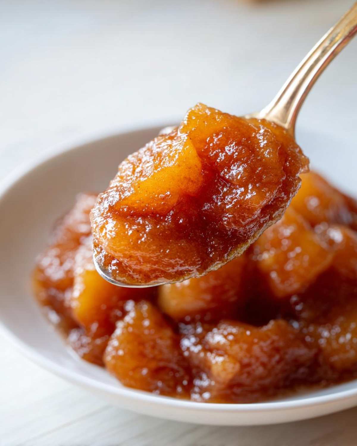 A close-up shot of a spoonful of rich, caramelized apple pie filling being lifted from a white bowl.