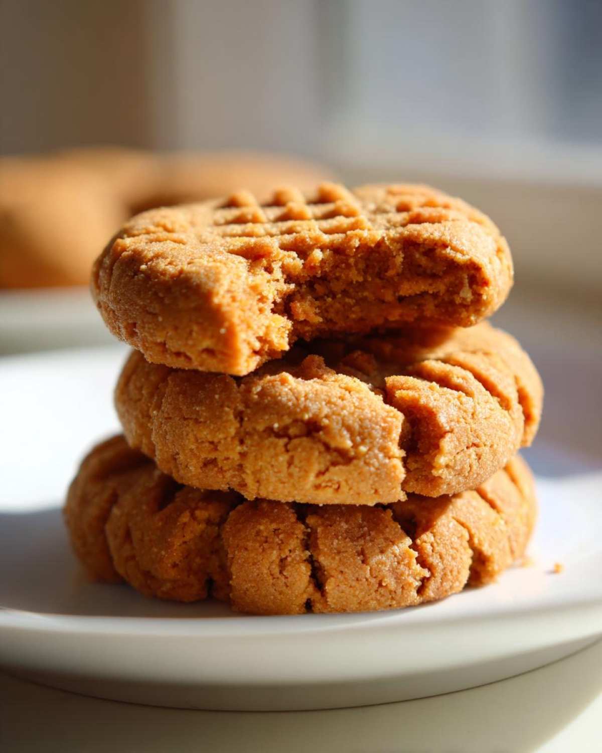 Close-up of a stack of three 3-ingredient peanut butter cookies, one with a bite taken out, showing the crumbly texture.