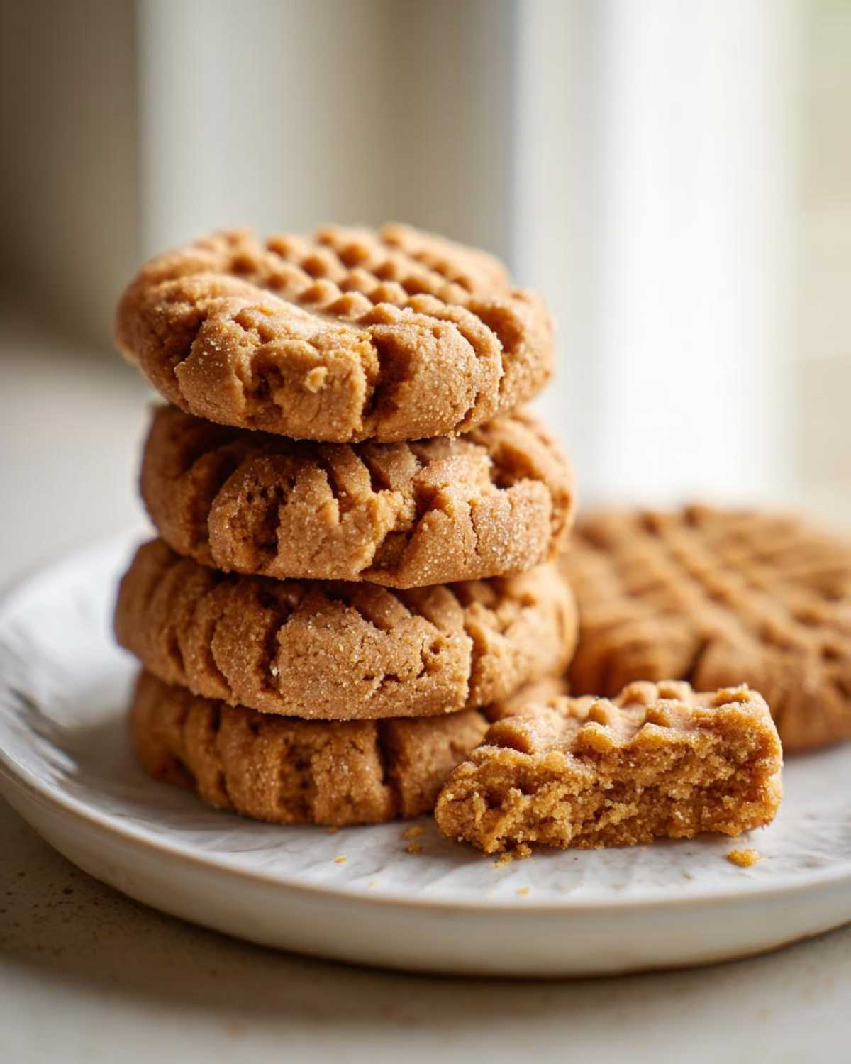 A stack of four golden brown 3-ingredient peanut butter cookies with classic crosshatch marks, one cookie broken open.