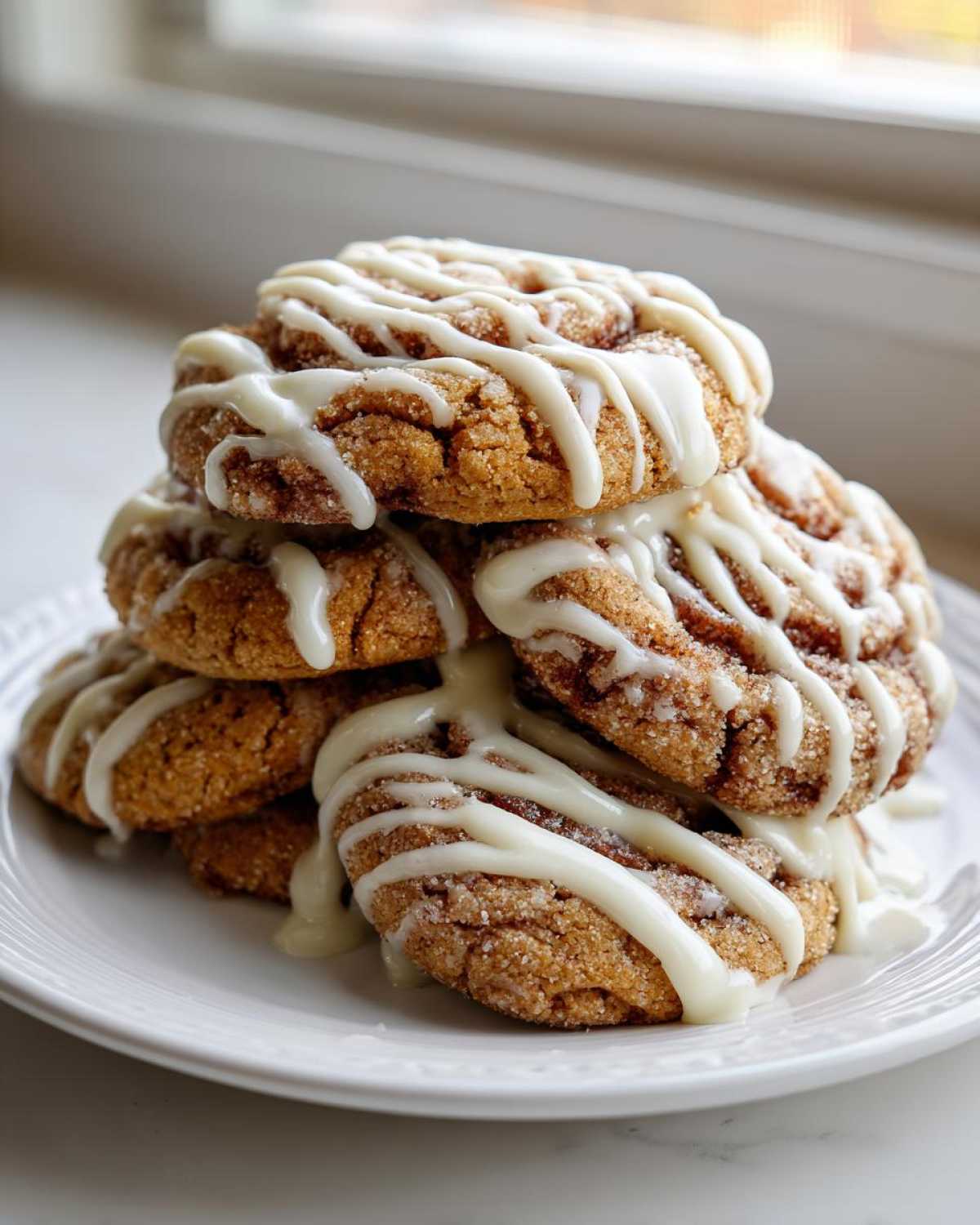 A tempting stack of soft cinnamon roll cookies, generously drizzled with white icing, sitting on a white plate.
