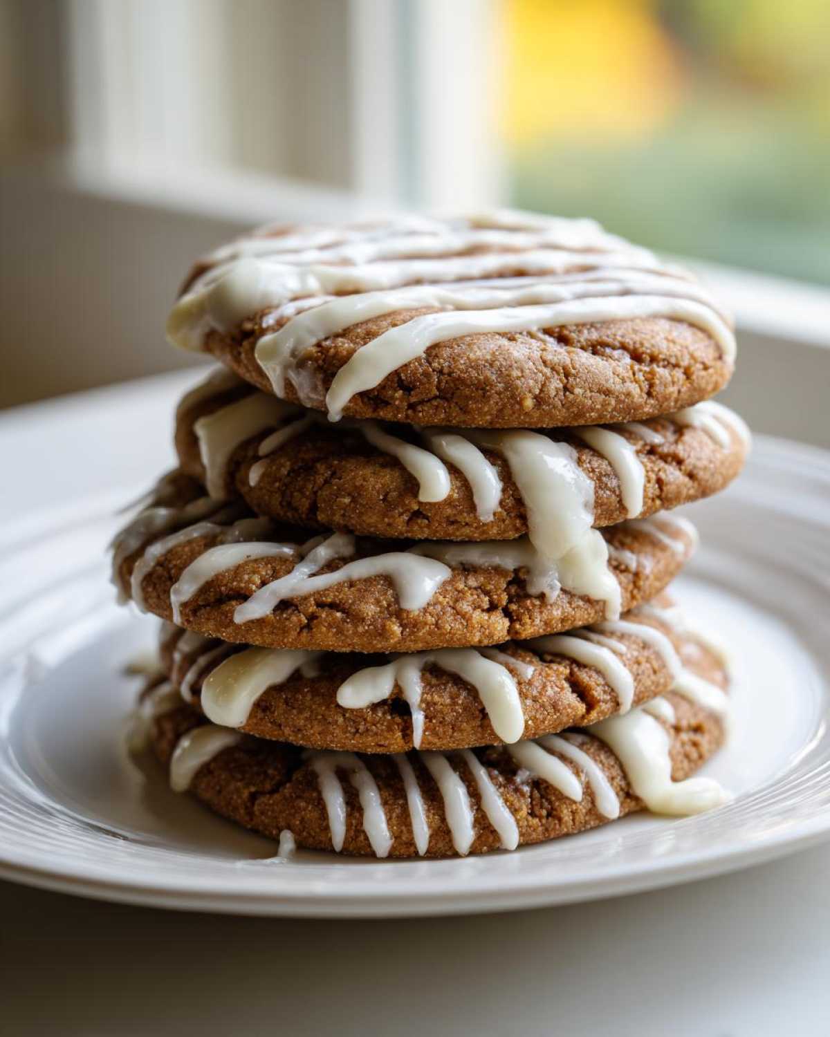 A stack of four soft, brown cinnamon roll cookies drizzled generously with white cream cheese icing.