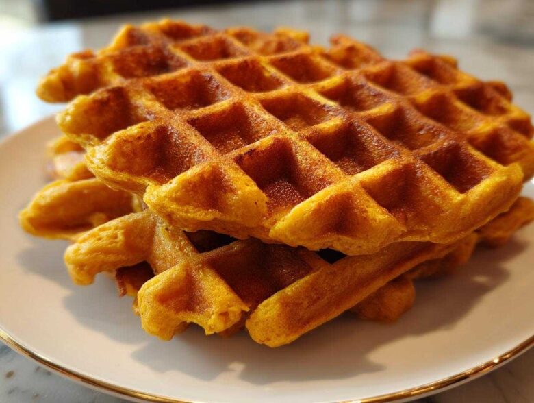 A close-up stack of golden brown, perfectly textured pumpkin waffles on a white plate.
