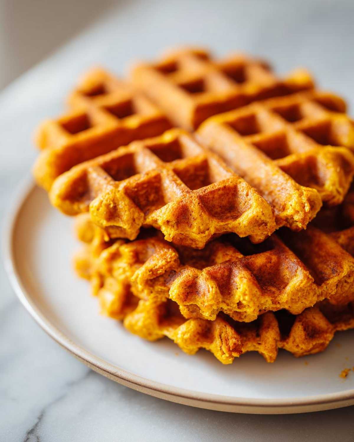 A close-up stack of golden-orange pumpkin waffles resting on a light ceramic plate.