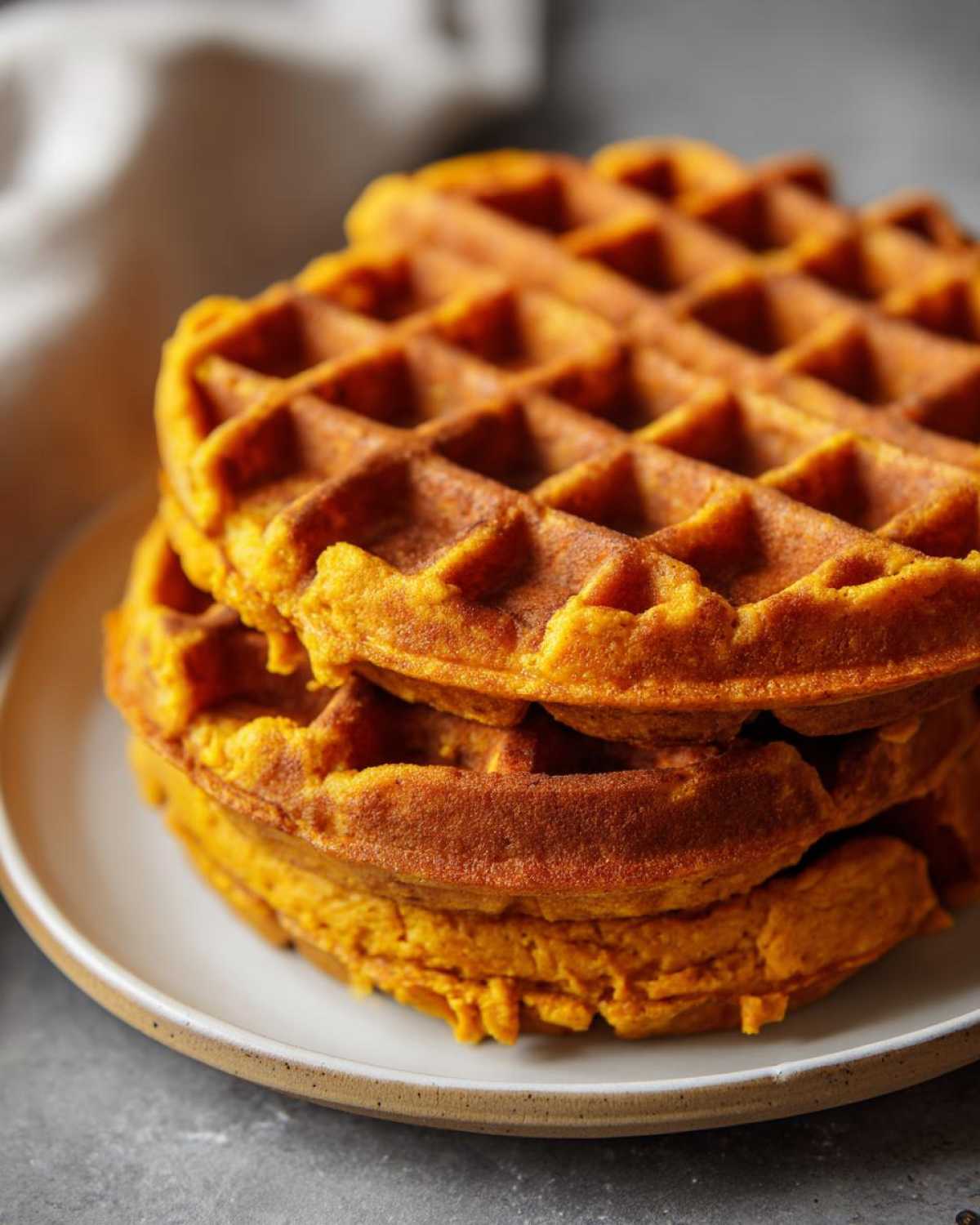 Close-up of a stack of three fluffy, orange-hued pumpkin waffles on a white plate.
