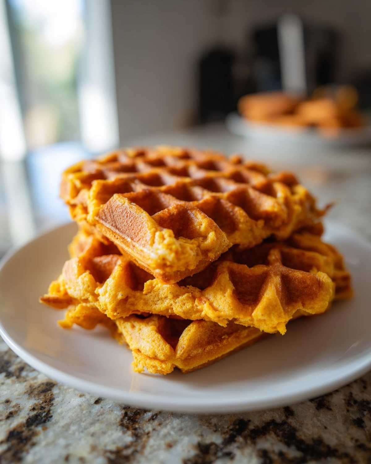 A stack of three perfectly cooked, golden orange pumpkin waffles resting on a white plate.