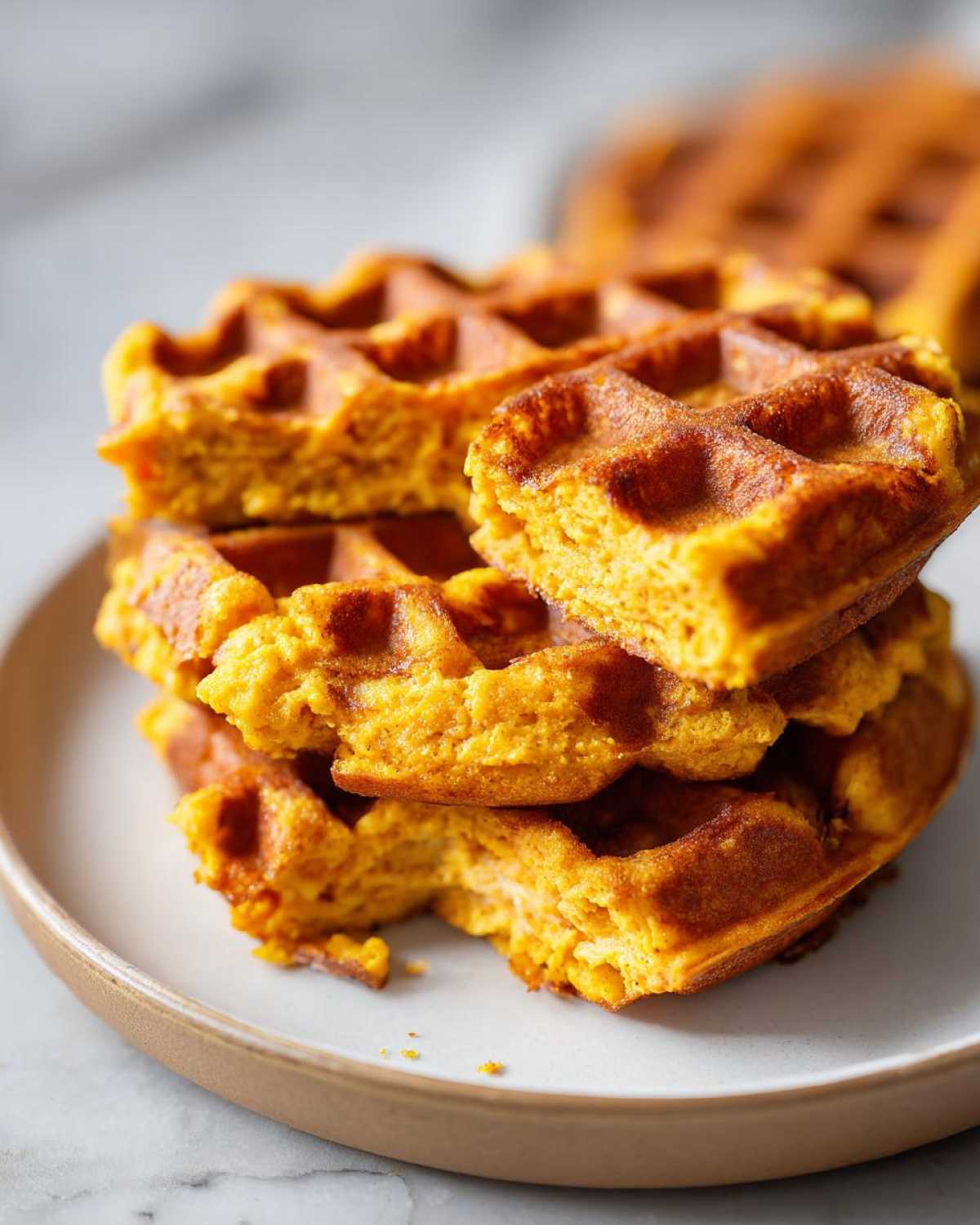 Close-up of a stack of golden-brown, fluffy pumpkin waffles served on a light plate.