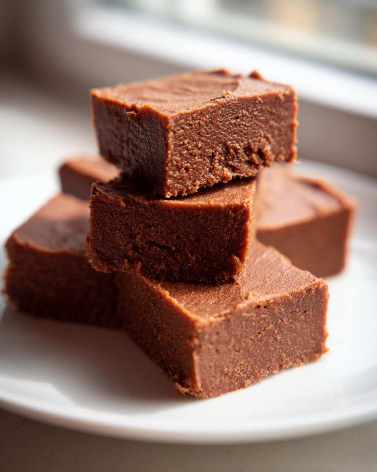 Close-up of stacked, rich brown squares of homemade penuche fudge on a white plate.