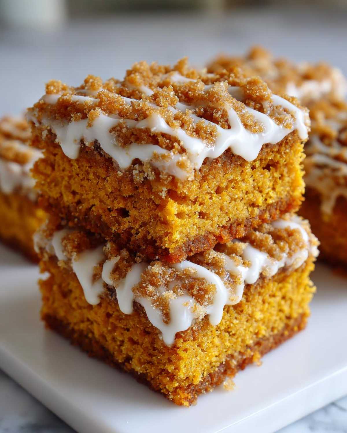 Two stacked squares of moist pumpkin coffee cake topped with brown sugar streusel and white glaze.