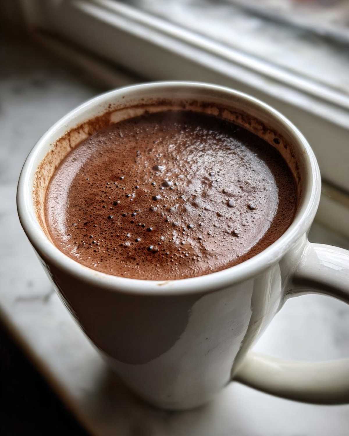Close-up of a white mug filled with rich, dark hot chocolate topped with small bubbles.