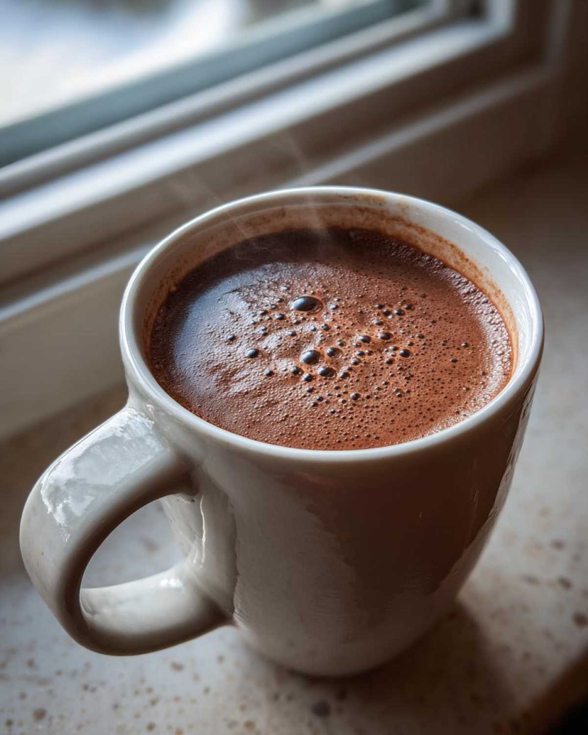 Close-up of a steaming mug filled with rich, dark hot chocolate, resting on a counter near a bright window.