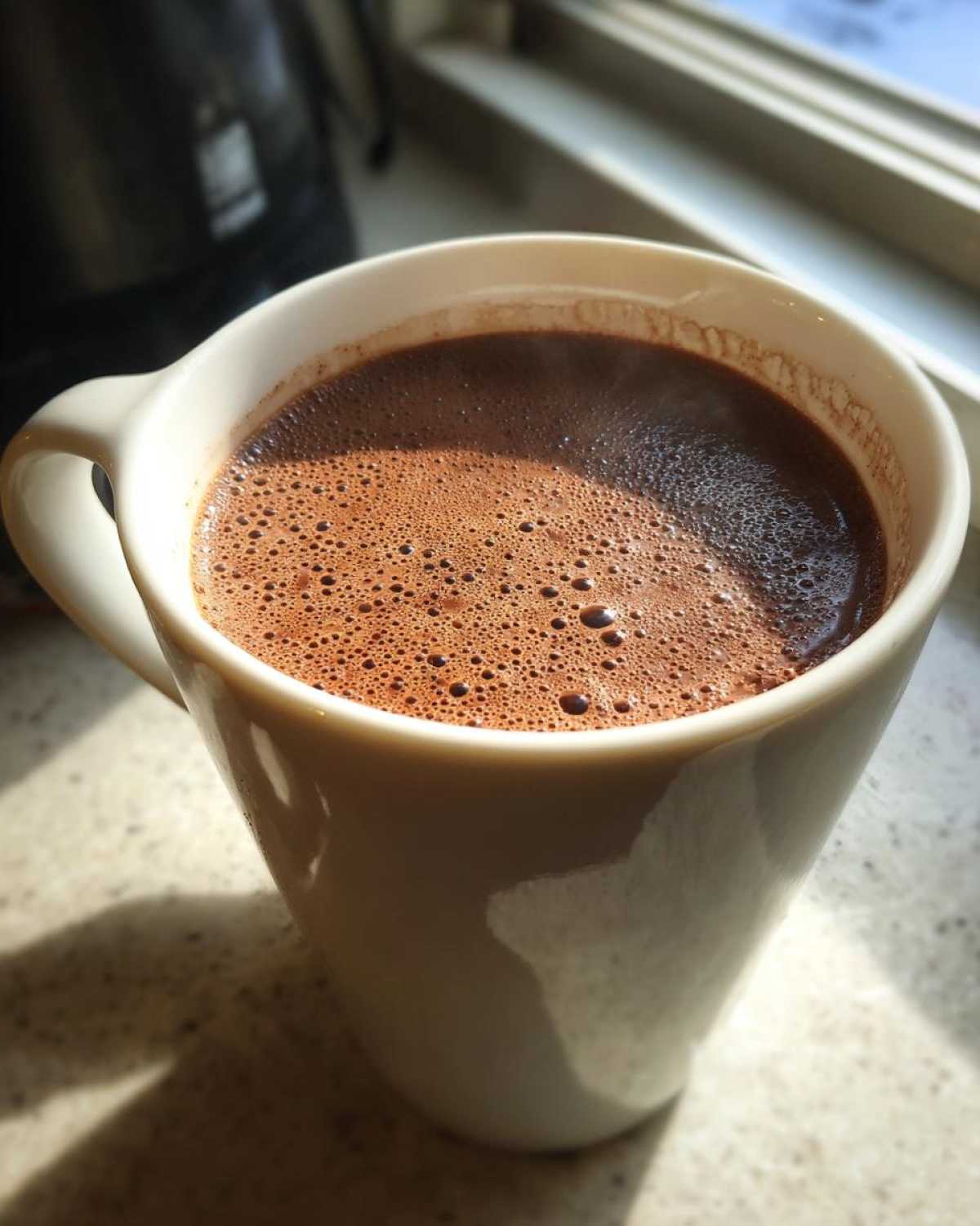 A close-up of a white mug filled with steaming, frothy hot chocolate, illuminated by sunlight.