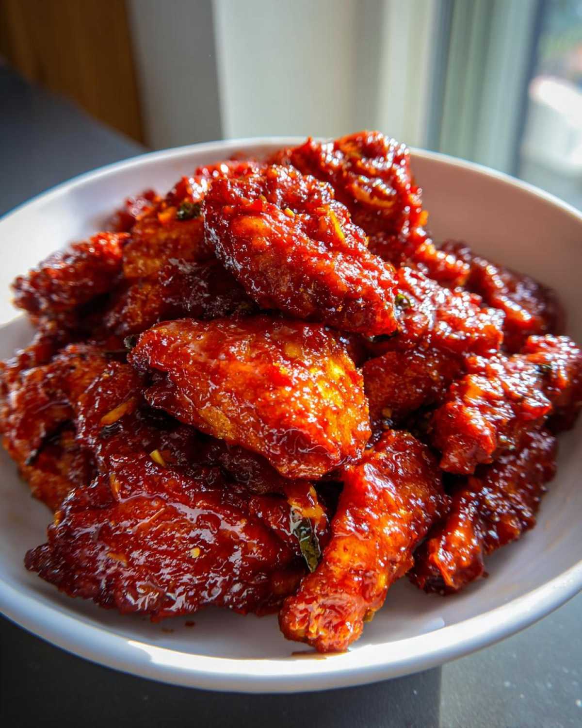 Close-up of crispy chicken wings heavily coated in a thick, glossy, deep red gochujang sauce.