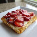 Close-up of a single strawberry cream cheese danish with flaky pastry, topped with sliced strawberries and white icing.