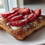 Close-up of a delicious strawberry cream cheese danish with flaky pastry, topped with fresh strawberries and white icing.