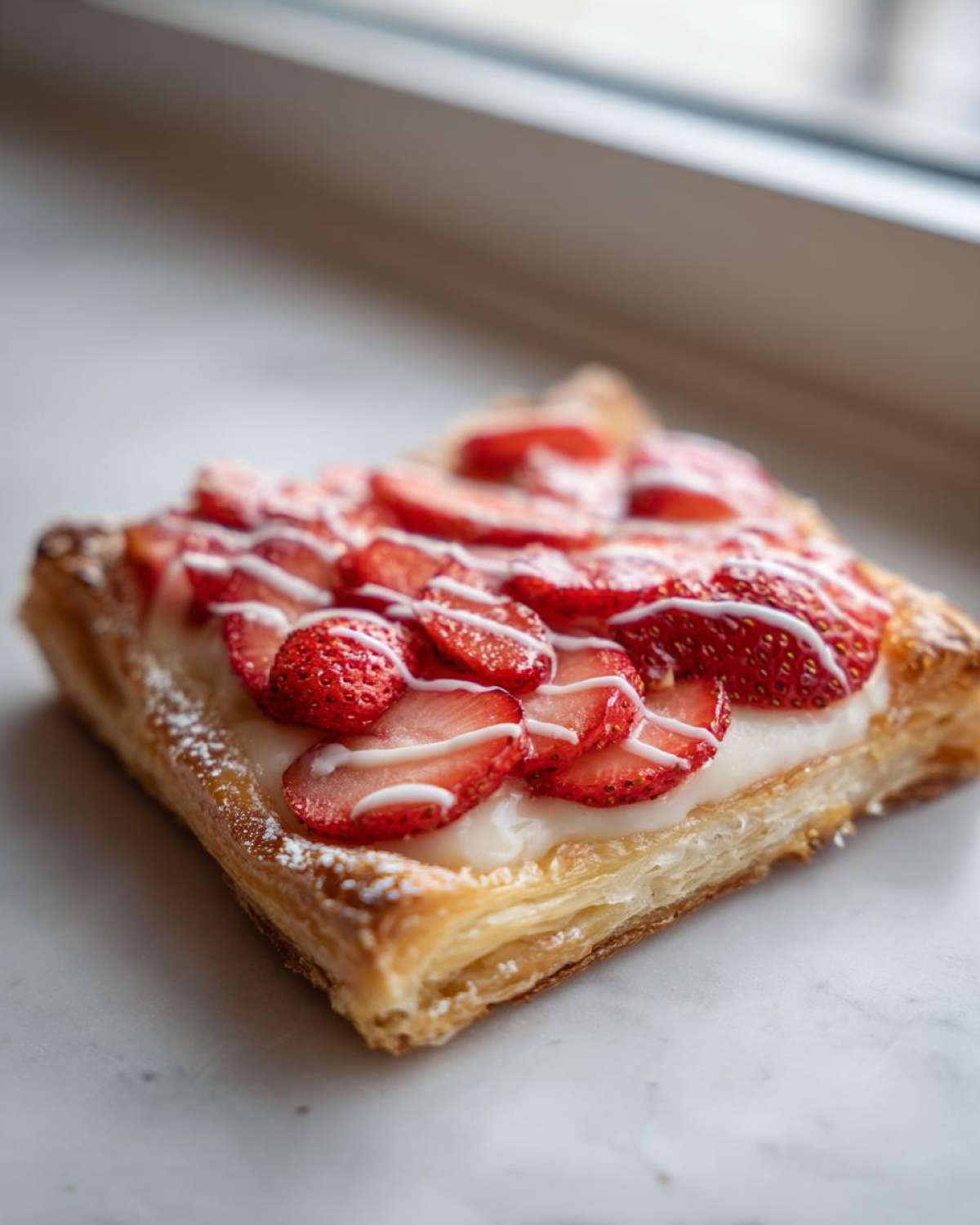 Close-up of a single strawberry cream cheese danish with flaky pastry, topped with sliced strawberries and white icing.