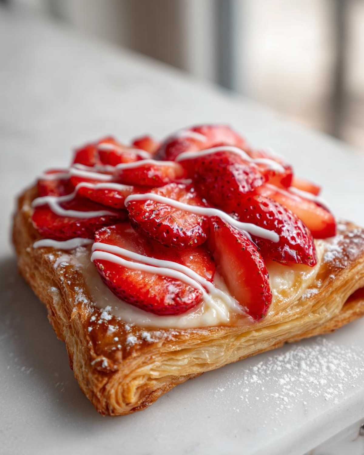Close-up of a single strawberry cream cheese danish with flaky pastry, topped with sliced strawberries and white icing drizzle.