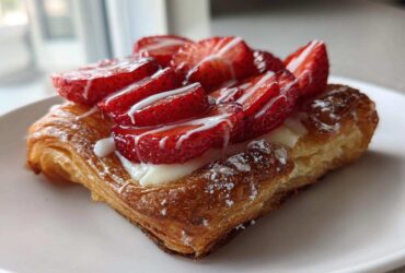 Close-up of a delicious strawberry cream cheese danish with flaky pastry, topped with fresh strawberries and white icing.