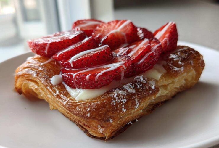 Close-up of a delicious strawberry cream cheese danish with flaky pastry, topped with fresh strawberries and white icing.