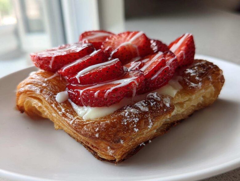 Close-up of a delicious strawberry cream cheese danish with flaky pastry, topped with fresh strawberries and white icing.