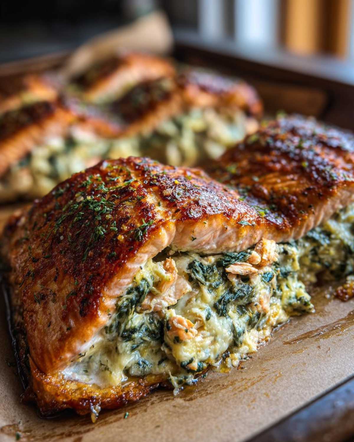A close-up of a perfectly baked stuffed salmon fillet, oozing with creamy spinach and cheese filling.