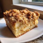 A close-up of a square slice of super easy apple crisp coffee cake showing soft cake, baked apple chunks, and a thick cinnamon crumble topping.