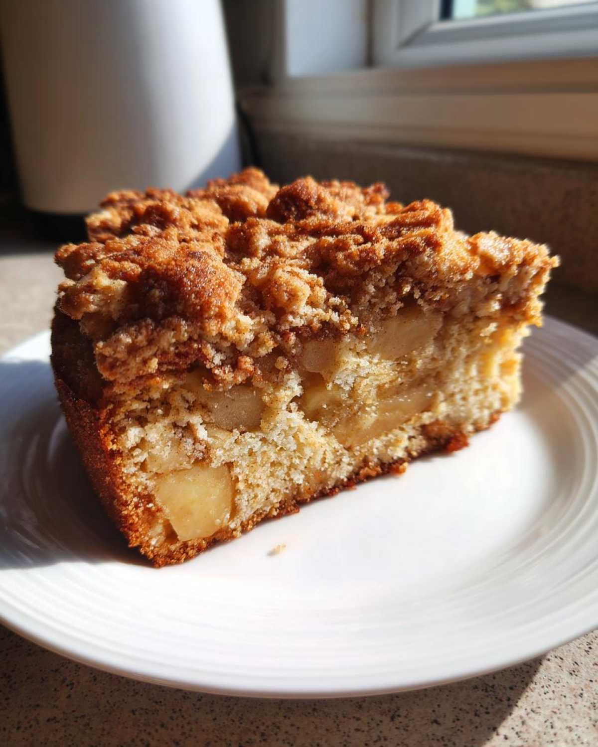 A close-up slice of super easy apple crisp coffee cake showing chunks of apple and a thick cinnamon streusel topping.