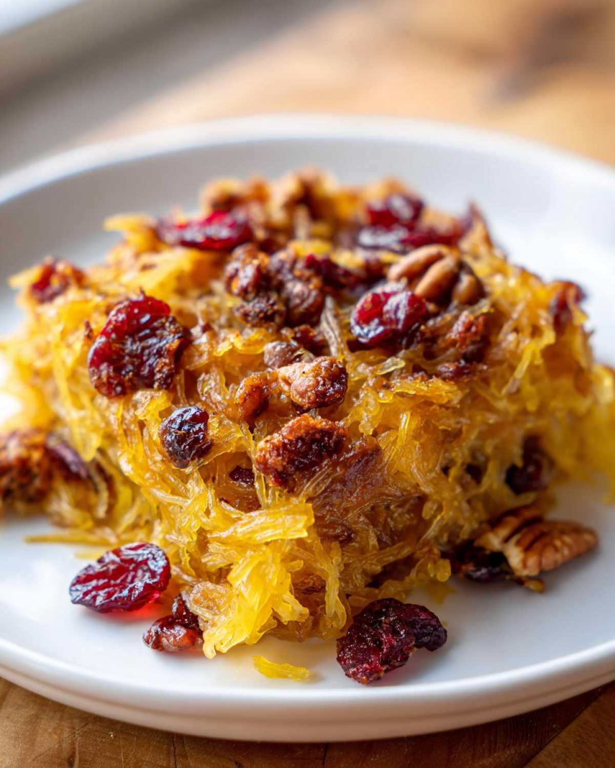 Close-up of sweet spaghetti squash topped with dried cranberries and pecans, a perfect side for thanksgiving recipes.