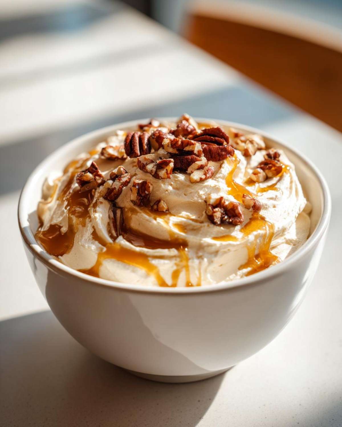 A bowl of sweet whipped goat cheese topped with caramel drizzle and chopped pecans.