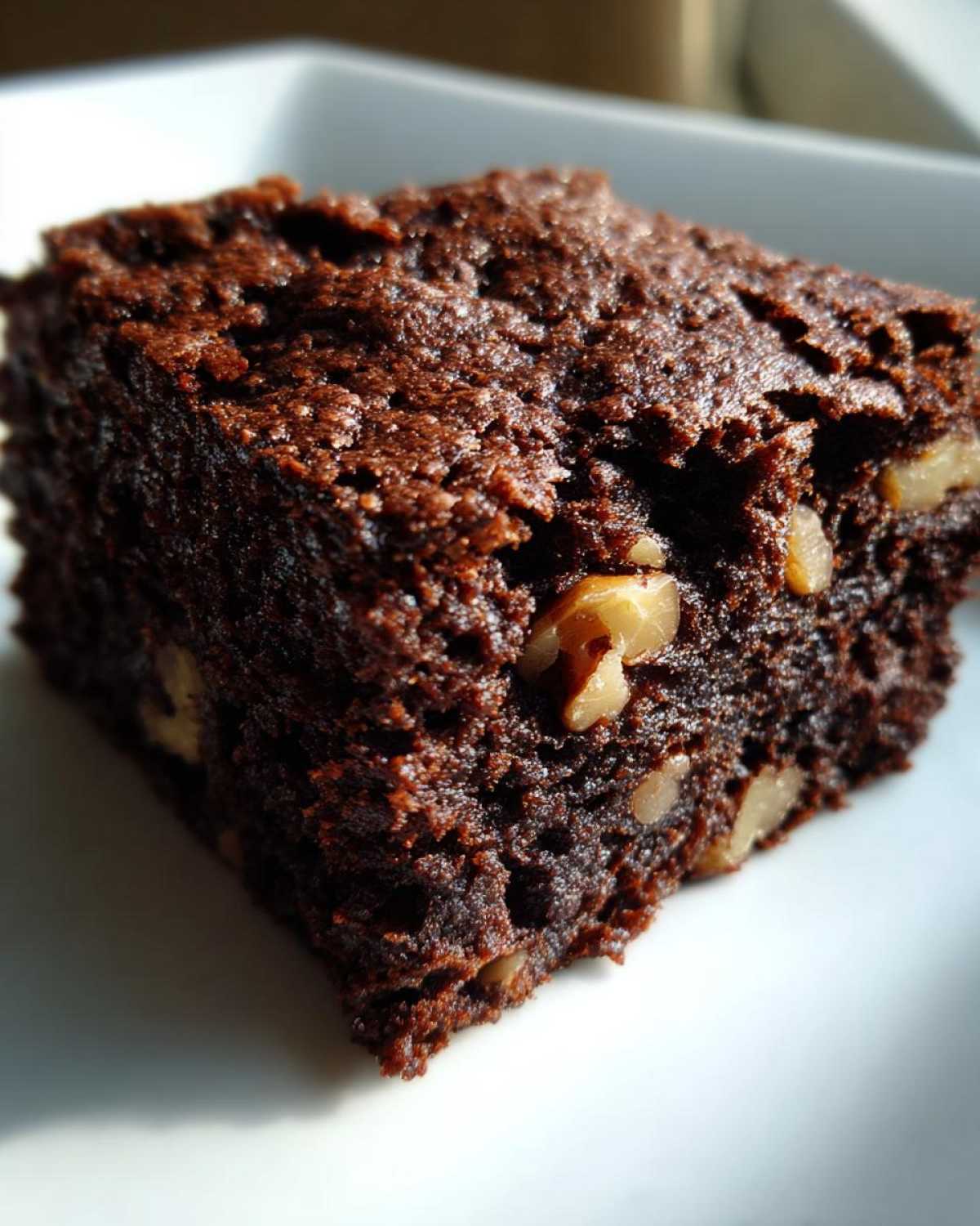A close-up shot of a single, rich, dark chocolate square of tasty healthy date brownies studded with walnuts.