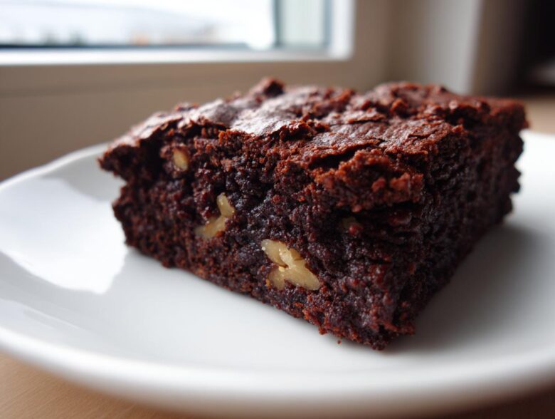 A rich, dark chocolate square of tasty healthy date brownies featuring visible pieces of walnuts on a white plate.