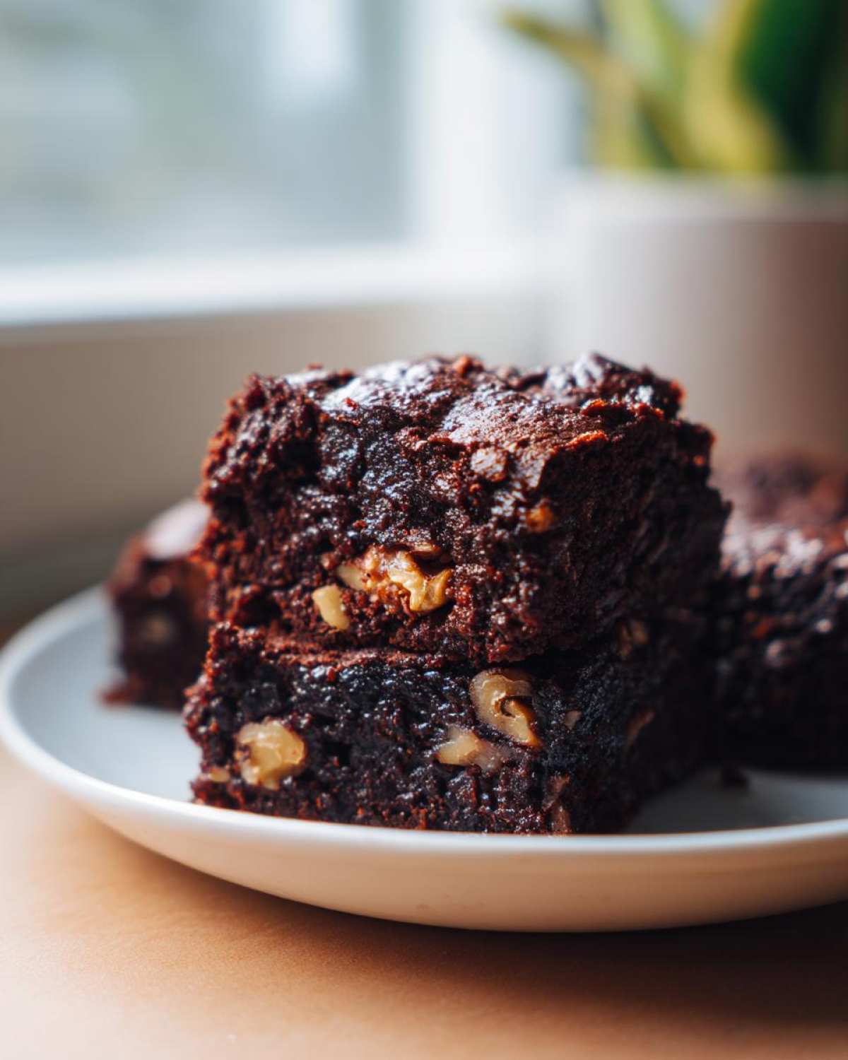 Close-up of two stacked, fudgy tasty healthy date brownies studded with walnuts on a white plate.